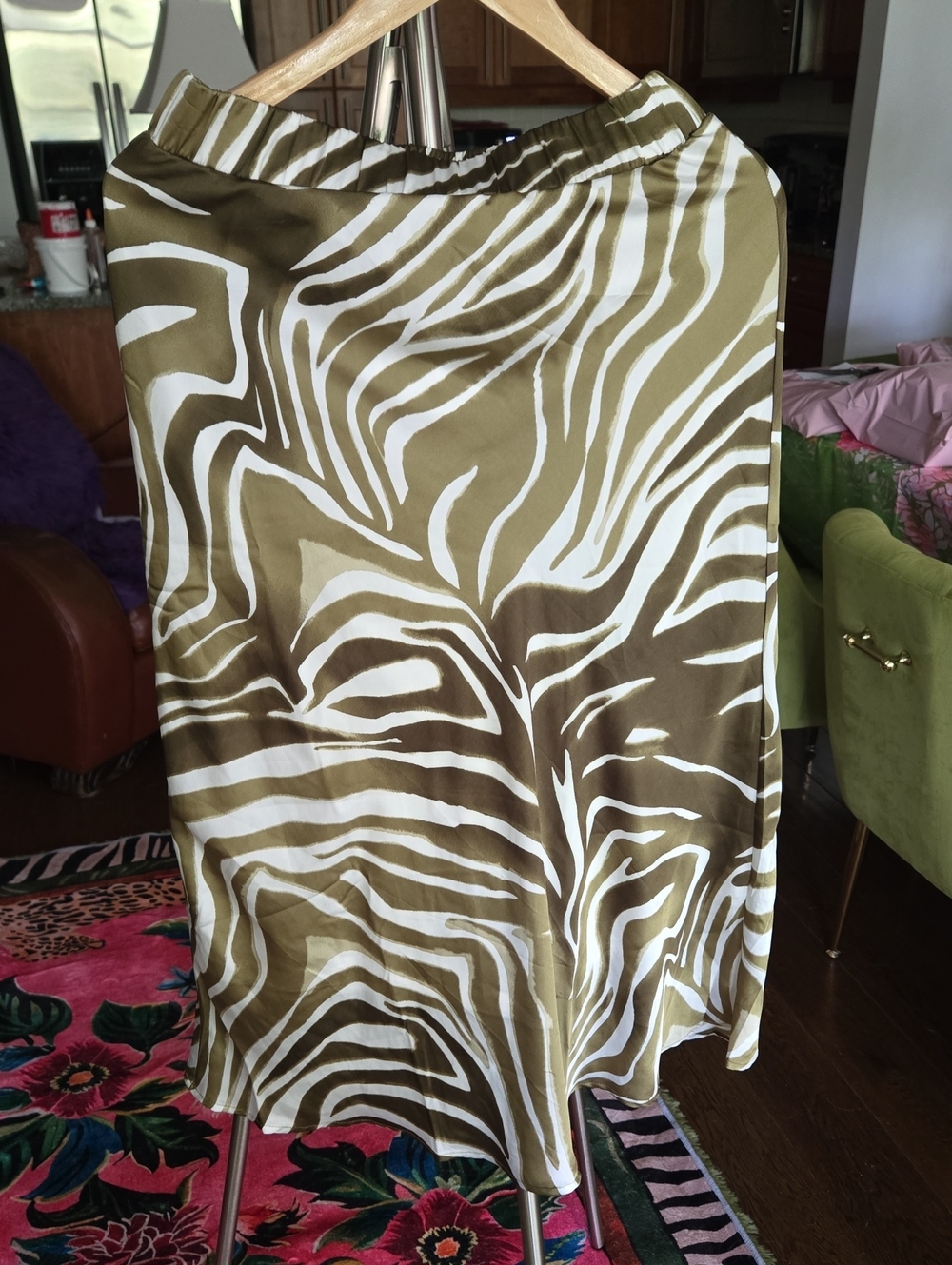 Olive Zebra-Print Satin Midi Skirt